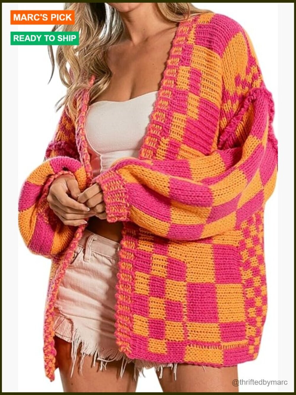 Women's Open Front Chunky Knit Plaid Cardigan Long Sleeve